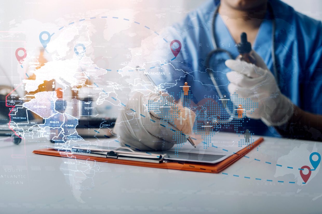 Double exposure of technology healthcare And Medicine concept. Doctors using digital tablet and modern virtual screen interface icons panoramic banner, blurred background.